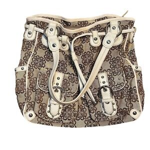 Kathy Van Zeeland Gold Metallic Shopper Tan Floral Purse Handbag w/ Keychain